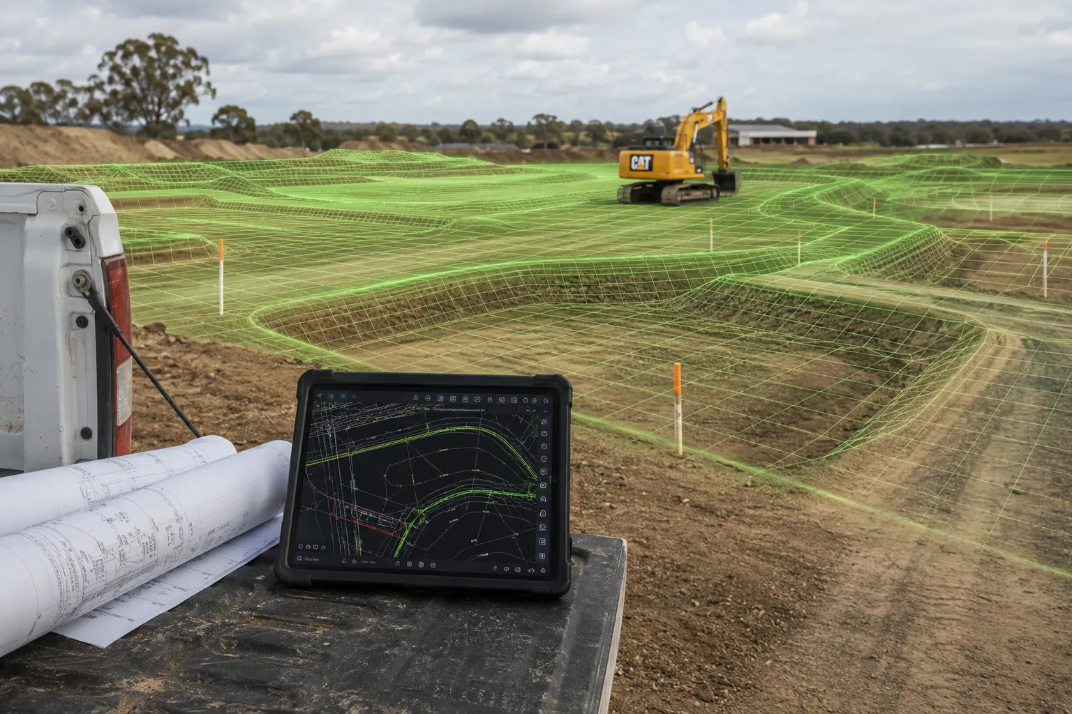 Rolled engineering plans and a tablet showing CAD drawings on a ute tailgate, with the same design projected across the site beyond as a green 3D wireframe surface