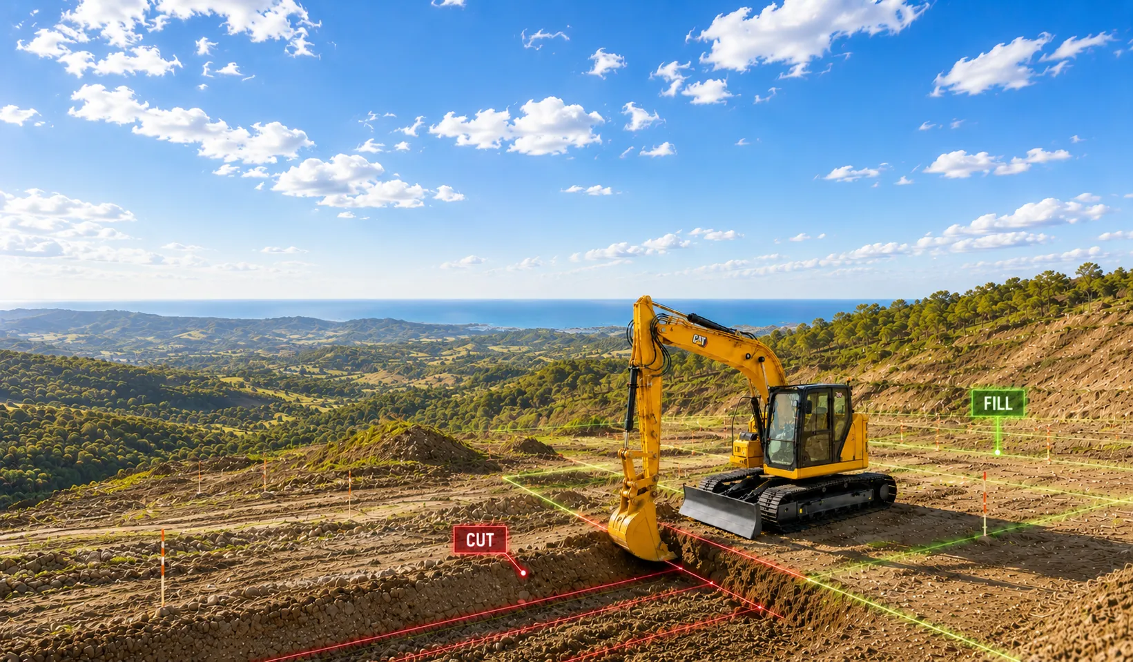 A Cat 315 excavator trimming a site cut on a ridge above a wide valley running down to the coast, with the GPS design surface overlaid as a grid and the areas marked cut and fill